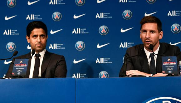 Nasser Al-Khelaifi tuvo palabras de elogio para Messi en su presentación. (Foto: AFP)